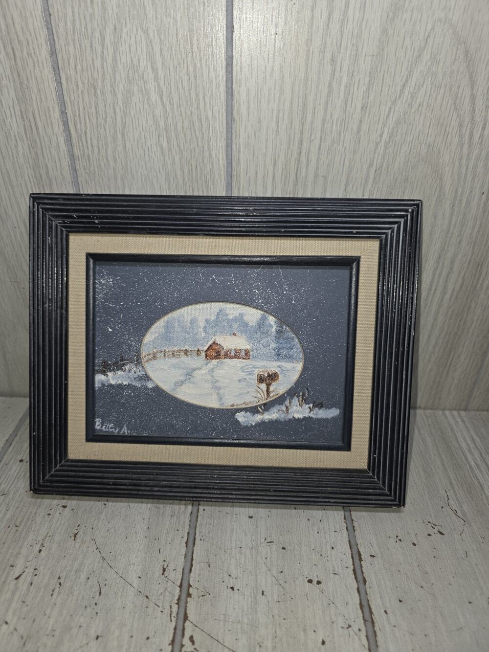 Vintage Rustic Homestead Oil Painting Winter Scene Signed Matted 8x10 Farmhouse